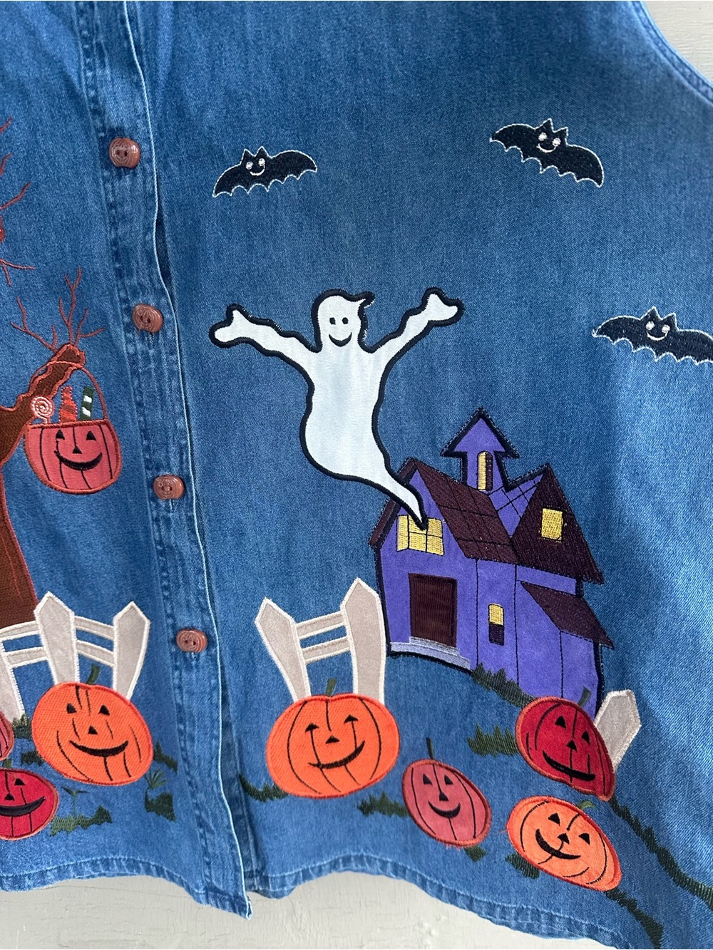 Vintage 90s Halloween Denim Button Up with Pumpkin Appliqués Embroidered Size XL - Picture 7 of 12